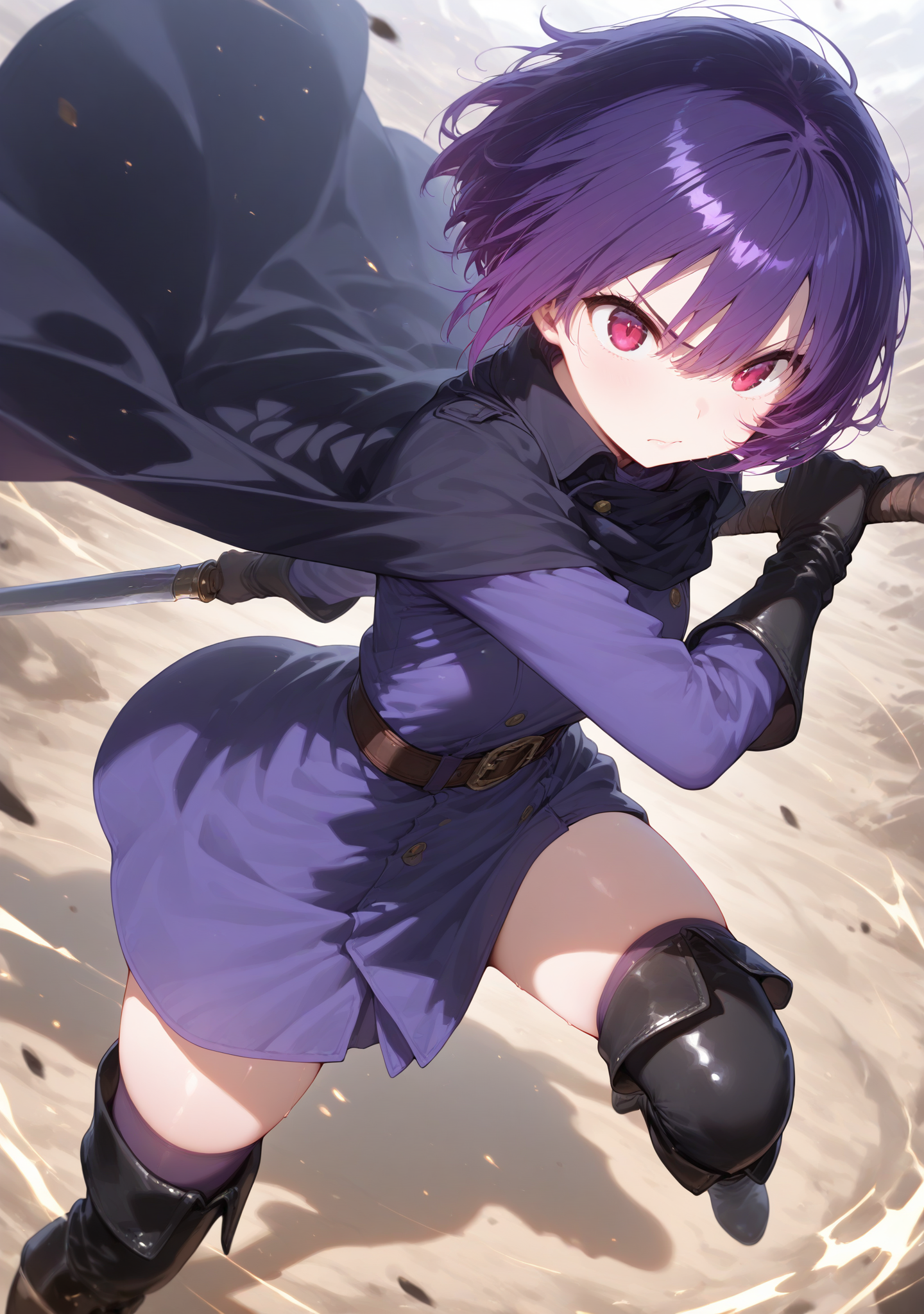 masterpiece,best quality,amazing quality,
<lora:ricotte2:1>,ricottestyle,
1girl,boots,gloves,holding,purple hair,short hair,solo,thighhighs,weapon,