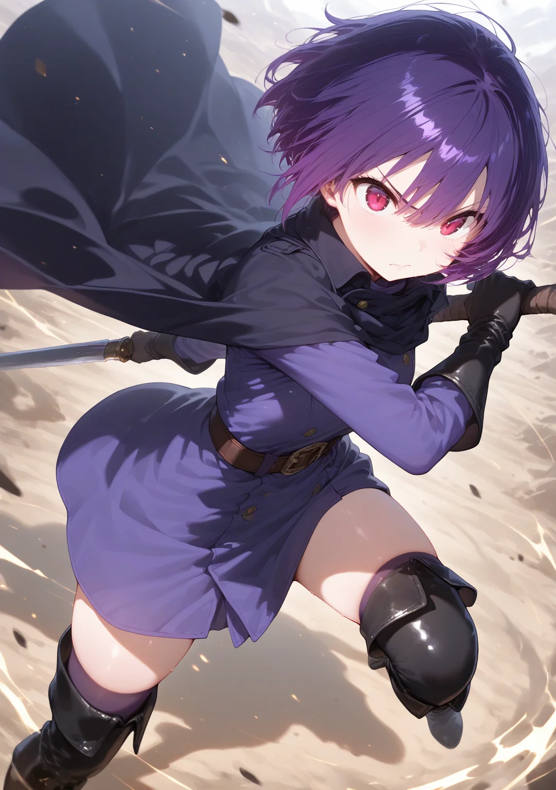 masterpiece,best quality,amazing quality,
<lora:ricotte2:1>,ricottestyle,
1girl,boots,gloves,holding,purple hair,short hair,solo,thighhighs,weapon,