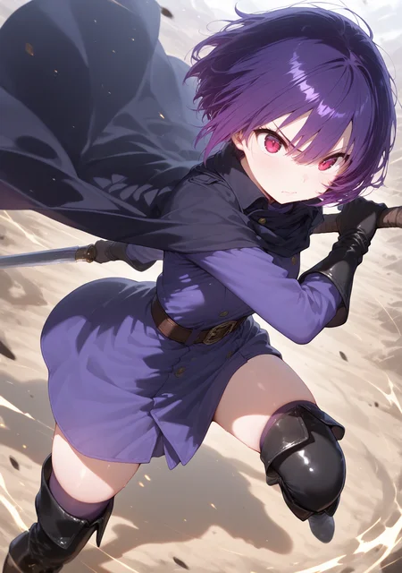masterpiece,best quality,amazing quality,
<lora:ricotte2:1>,ricottestyle,
1girl,boots,gloves,holding,purple hair,short hair,solo,thighhighs,weapon,