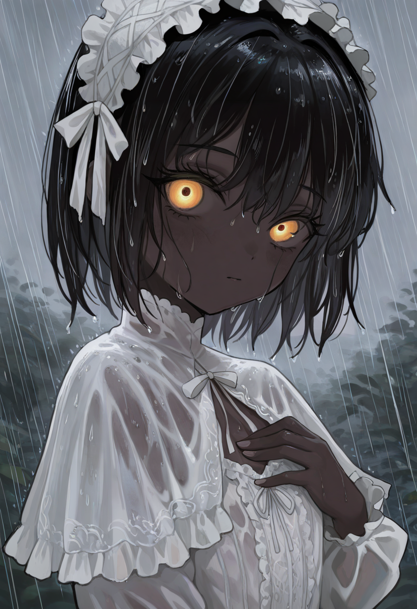 masterwork, perfect quality , amazing quality, absurdres, newest, hyper detailed, detailed, masterpiece, highly detailed, best quality, absolutely eye-catching, 1girl, solo, theprincess, dark-skinned female, very dark skin, black hair, short hair, yellow eyes, petite, flat chest, maid headdress, frilled hairband, white dress, long sleeves, capelet, white bow, glowing eyes, portrait, face focus, close-up, rain, wet, soaked, wet hair, glossy skin, shiny skin, looking at viewer <lora:theprincess-illust:1> <lora:NOOB_vp1_detailer_by_volnovik_v1:0.3> <lora:spo_sdxl_10ep_4k-data_lora_webui:0.6> <lora:748cmSDXL:0.3> <lora:mon_monmon2133:0.4> <lora:noobai_vpred_1_masterpieces_v23:0.5>