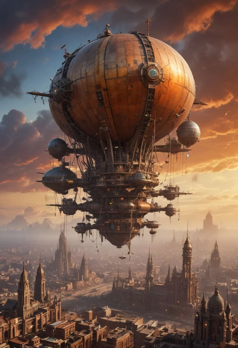 (Arial, downward angled, expansive photograph), ((colossal flying city in the sky above the desert is hovering ahead at a distance), in a (dramatic sky streaked with orange and hues of a setting sun), (the flying city, is supported by massive, churning propellers and jet engines spewing thick black smoke)), 
((The flying city's cityscape is a labyrinth of metal and rivets, with jagged spires and towers bristling with antennas, pipes,  radar dishes, suspended walkways and bridges connect various parts of the city, rust-streaked fuel tanks and oil drums are bolted onto buildings, connected by thick tubes), (buildings vary from gothic cathedrals with stained glass windows to utilitarian factories with soot-stained chimneys)),
<<BREAK>>
((A cluster of zeppelins and airships hovers near the flying city, docked to gantries, below, a massive rotating turbine creates a shimmering heat haze, adding to the city's fortress-like presence),
((The industrial aesthetic, scene is illuminated by the warm glow of incandescent lamps and occasional sparks from welding torches, highlighting the contrast between the mechanical and the signs of human life))