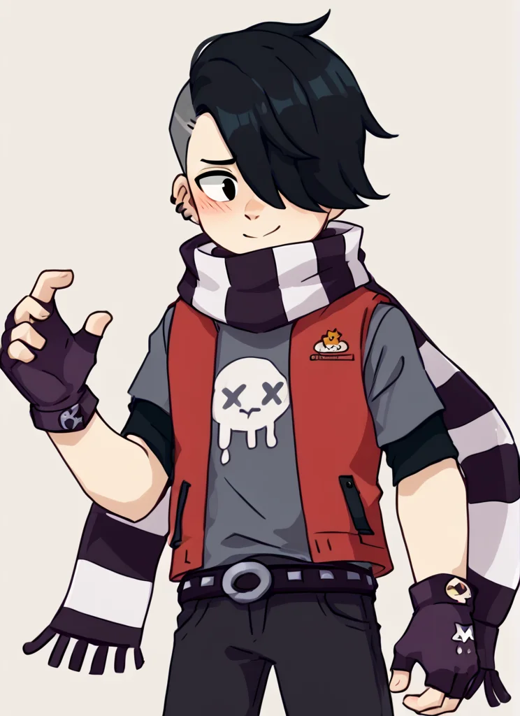 score_9, score_8_up, score_7_up,   <lora:bsedgar:1> ear bsedgar    , 1boy , short hair , black hair, hair over one eye,piercing, solo,striped scarf  ,red vest , grey shirt,  short sleeves, belt , black pants ,black gloves,   fingerless gloves, blush,  nervous smile,  <lora:Yagi_the_Goat_Style:1>by s1120411
