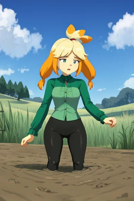 isabelle \(animal crossing\), (masterpiece, best quality:1.15), 1girl, solo, large breasts, high cheekbones, thick eyebrows, small mouth, looking to the side, leaning forward, adjusting clothes, tight leggings, green crop top shirt, starry nights, long hair, twin short braids, scared, partially submerged, struggling, farmland bog, hand stuck in mud