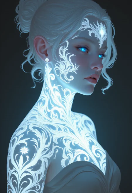 an alabaster Valkyrie with bioluminescent tattoos of bio ink , split diopter, over-the-shoulder shot, Rembrandt lighting, low angle shot, extreme close-up shot
