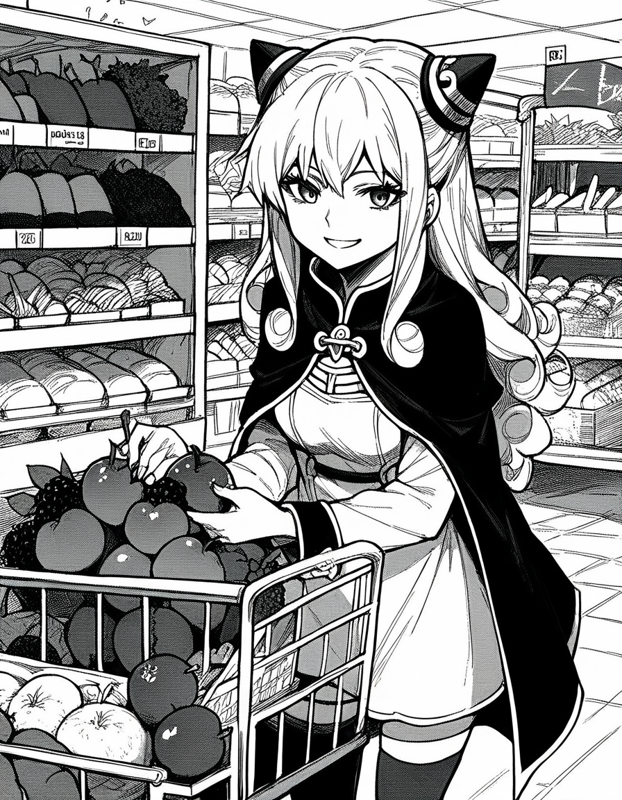 score_9, score_8_up, score_7_up, source_anime, <lora:ashe-talton-manga-ponyxl-lora-nochekaiser:1>, rengoku ashe, long hair, greyscale, monochrome,, thighhighs, long sleeves, capelet, cape, dress, white dress,, grocery store, shopping cart, picking fruits, everyday life,, smile, looking at viewer, solo,, cowboy shot, dutch angle