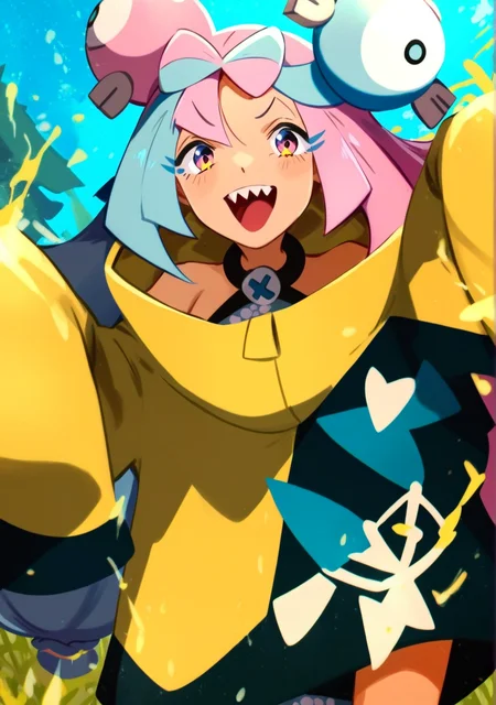 score_8_up, score_7_up, score_6_up, score_5_up, score_4_up, anime screenshot, looking at viewer,
<lora:Iono (Autism SDXL)-000009:1> 1girl, solo, iono (pokemon), multicolored hair, long hair, yellow jacket, character hair ornament, bow-shaped hair, sharp teeth
<lora:khyle. style:1> khyle.
BREAK
forest, grass, tree, machamp, pokemon \(creature\),