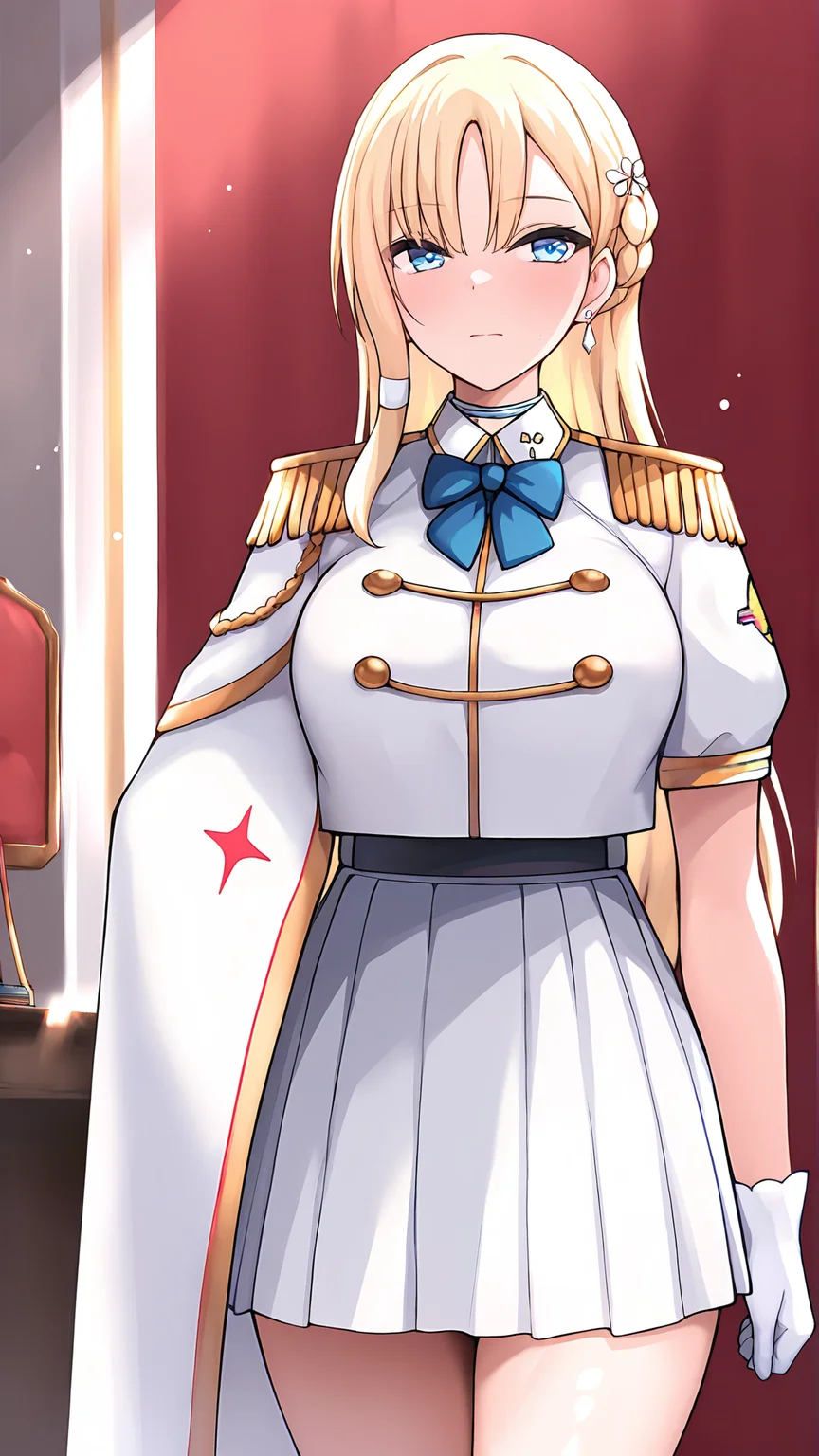 amazing quality,absurdres,best quality,masterpiece,highres,newest,detailed,detailed body,detailed face,masterpiece,best quality,solo,
ImperialHaremèå®å¨,1girl,solo,white gloves,blonde hair,long hair,epaulettes,blue eyes,white pleated skirt,jewelry,braid,earrings,short sleeves,blue bowtie,hair ornament,
<lora:ImperialHaremèå®å¨:0.8>,