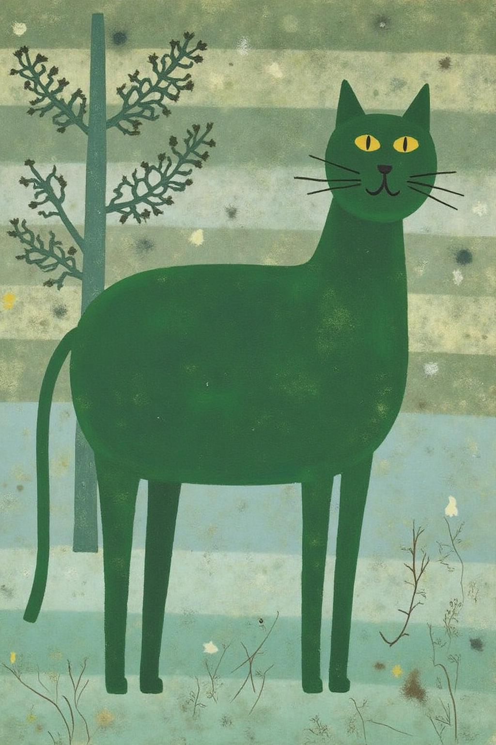 dorislee1 painting.
A large cat stands in the center. The cat is dark green with an elongated body and legs. Its head is slightly turned to the right, and it has two small, bright yellow eyes.
 <lora:dorislee1_cap_d6a3:1.0><lora:834816667667311302:0>