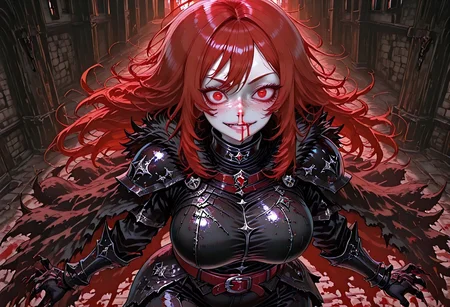 very aesthetic, masterpiece, best quality, highres, absurdres, amazing quality, high resolution, medieval background, detailed eyes, perfect eyes, expressive eyes, Expressiveh, vivid colors, realistic lighting, perfect anatomy, addmicrodetails, ultra detailed face, ultra detailed eyes
Red Eyes, long hair, red hair, pale skin, voluptuous, cellulite, chubby, large breasts, ((uneven eyes)), freckles, crazy eyes, wide hips
black medieval armor, black armor, black gloves, sharp fingers, black gauntlets, dark red leather straps, black fur cloak, black fur collar, black leggings, black pauldrons, black shirt, button up shirt, button down shirt, gambeson
absurdres, highres, anime, anime style, ExcessiveAnimeNosebleed, nose bleed, bleed, excessive nose bleed, blood, nosebleed,
