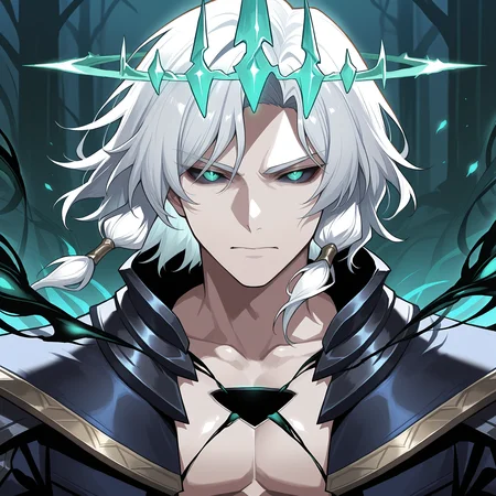1boy, viegolol, outdoors, portrait, close-up, colored skin, white hair, colored sclera, green eyes, crown, halo, hole in chest, glowing, tentacles, smoke, looking at viewer,
best quality, amazing quality, best aesthetic, absurdres, masterpiece,very aesthetic,high resolution,ultra-detailed,newest,scenery,depth of field,volumetric lighting,highly detailed, high quality