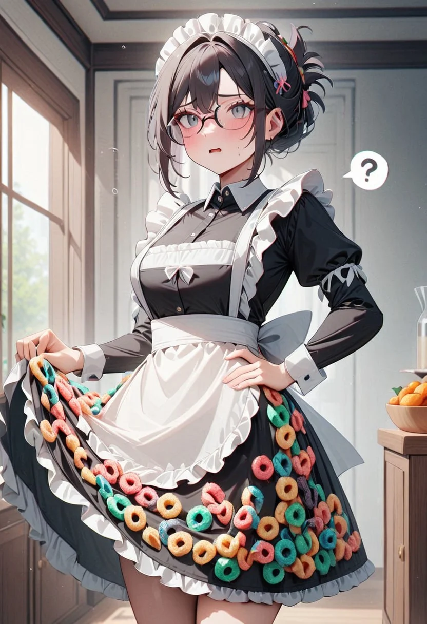 masterpiece, very aesthetic, absurdres, newest, 1girl, cowboy shot, maid, long dress, apron made of fruit loops, maid headdress, gray eyes, black hair, folded ponytail, glasses, hand on hip, confused expression, flying question marks, lifting skirt