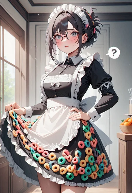 masterpiece, very aesthetic, absurdres, newest, 1girl, cowboy shot, maid, long dress, apron made of fruit loops, maid headdress, gray eyes, black hair, folded ponytail, glasses, hand on hip, confused expression, flying question marks, lifting skirt