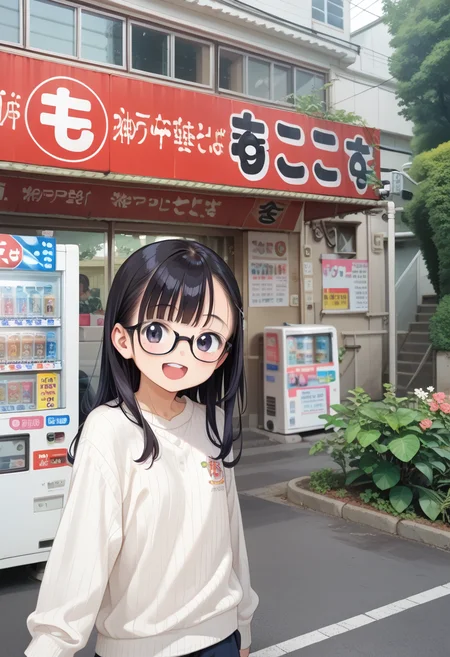 score_9, score_8_up, score_7_up, rating_safe, masterpiece, best quality, absurdres, unity 8k wallpaper, official art, official style, source_anime, uncensored, game cg, megami magazine,
1girl, solo, glasses, black hair, long hair, white ribbed sweater, happy, smile, looking at viewer, open mouth, solo focus,
moccos, scenery, storefront, japan, outdoors, plant, vending machine, road, tree, car, sign, real world location, building, street, storefront, potted plant, close-up
<lora:moccosu_pony_V1:1>