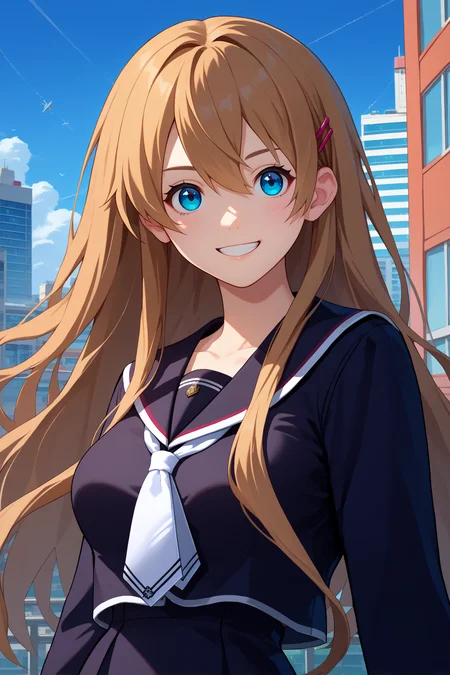 score_9, score_8_up, score_7_up, score_6_up, source_anime, 1girl, solo, <lora:hiiragiasuka-pdxl-nvwls-v1-000005:1> txasuka, long hair, brown hair, blue eyes, hairpin, black serafuku, white necktie, school uniform, black skirt, smile, blue sky, city, upper body, breasts, happy, looking at you