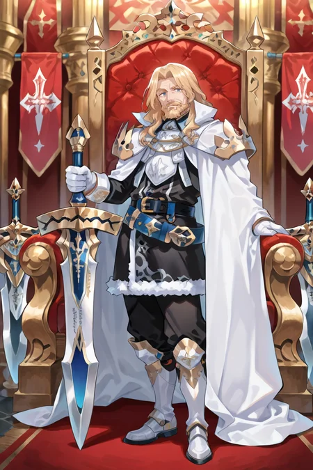 <lora:OrdeneIL:0.8> , ordedef, 1boy, blue eyes, blonde hair, long hair, facial hair, mustache, beard, white cape, collared cape, armor, pauldrons, white gloves, fur-trimmed skirt, black skirt, black pants, belt, white boots, white greaves, interior, throne room, banners, flags, full body, (holding sword), (huge weapon), smile, old man, wrinkles, looking at viewer, solo, masterpiece, very aesthetic, absurdres, best quality, amazing quality, high resolution, newest, very awa, <lora:illustrious_quality_modifiers_masterpieces_v1:0.8> , <lora:ChamIllustriousBackgroundEnhancer:0.5>,  ((solo)),