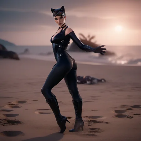 cinematic photo full body portrait realistic 1girl, view from above, goggles, choker, breast, cleavage, black bodysuit, animal ears, gloves, detailed eyes, detailed skin, poses on a beach <lora:Catwoman1024:0.8> . 35mm photograph, film, bokeh, professional, 4k, highly detailed