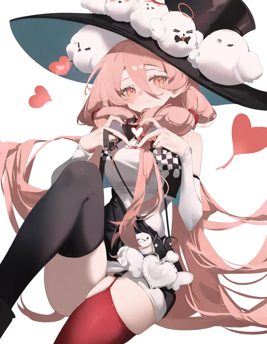 1girl,simple background,white background,solo,cowboy shot,qiaoshou,sitting,looking at viewer,<lora:qiaoshou-000012:0.8>,heart hands,hat,asymmetrical_legwear,asymmetric thighhighs,, masterpiece, best quality, very aesthetic, absurdres,newest, incredibly absurdres,