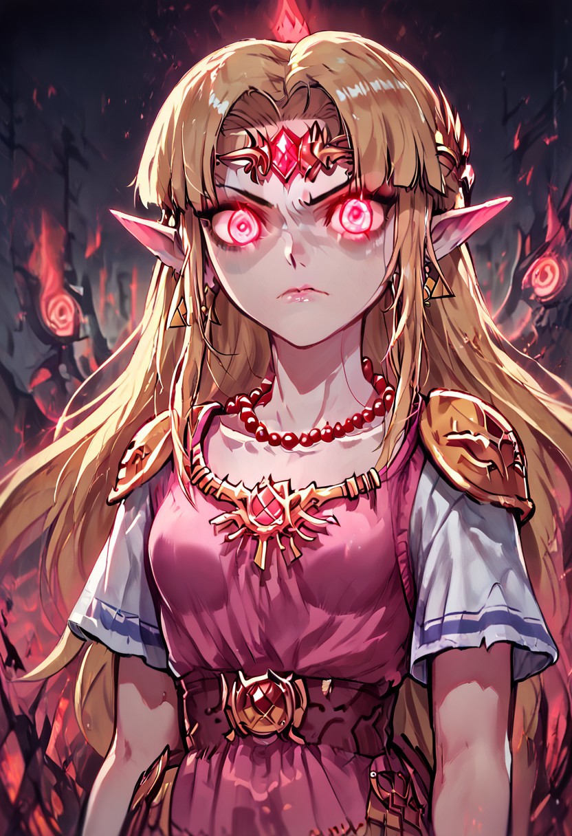 score_9, score_8_up, score_7_up, score_6_up,Cromachina, depth of field,   ((crossover)), hell, fire, ultra detailed, high resolution,
legend_of_zelda, 1girl, adult,
(girl, princess zelda, zelda, long hair, blonde hair, pointy ears, makeup, nice eyes, crown, dress), corrupted clothing style, Corrupted, demonification, demon eyes, Pink eyes, Red eyes, Glowing, glowing eyes,