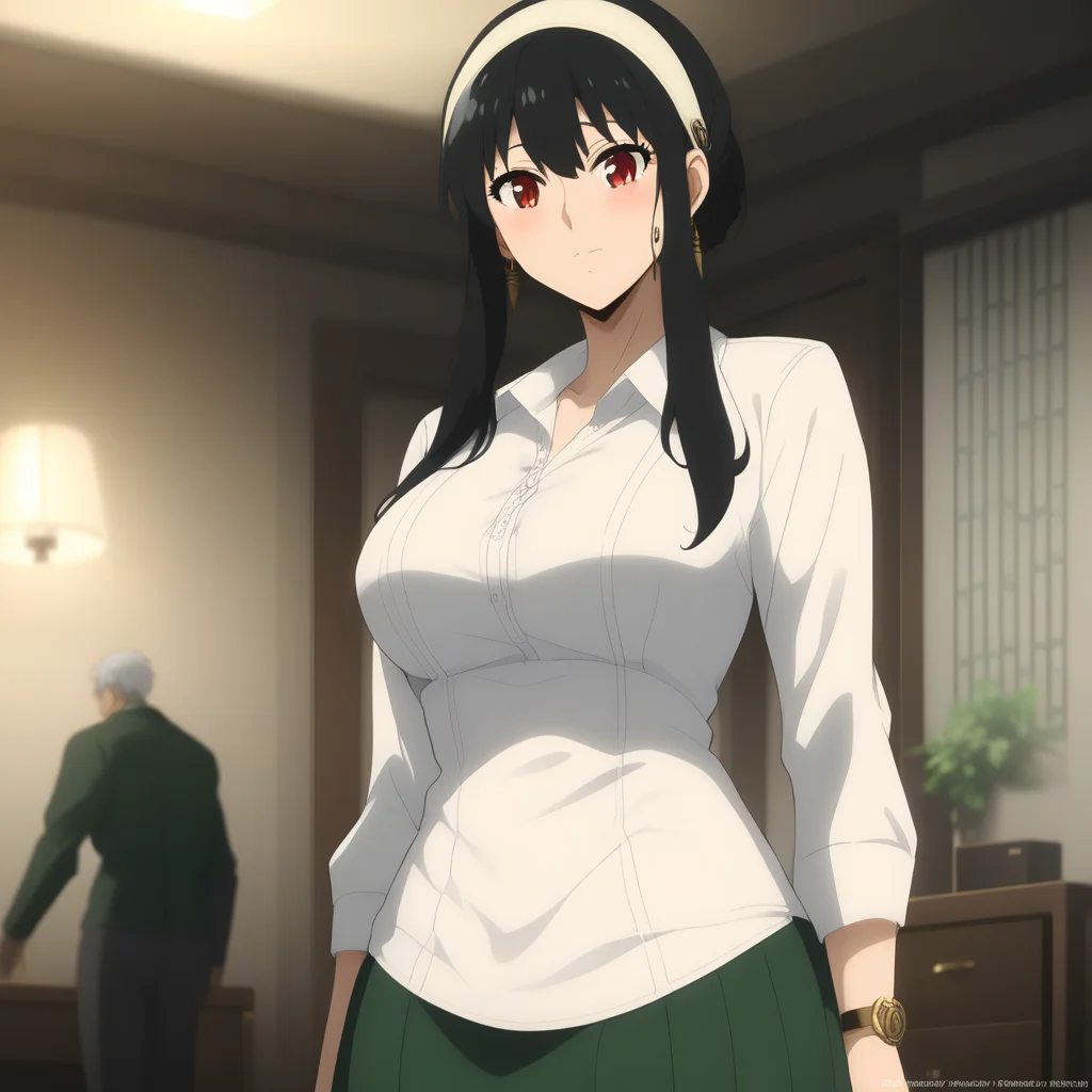 masterpiece, best quality, highres, 4k, 8k, intricate detail, cinematic lighting, amazing quality, amazing shading, soft lighting, Detailed Illustration, anime style, yorbriar, yor briar, black hair, red eyes, earrings, white hairband, hairband, long hair, sidelocks, skirt, shirt, long sleeves, white shirt, earrings, collared shirt, vest, green skirt, pencil skirt, office lady, green vest, indoors, office, looking at viewer, full body, dynamic pose,