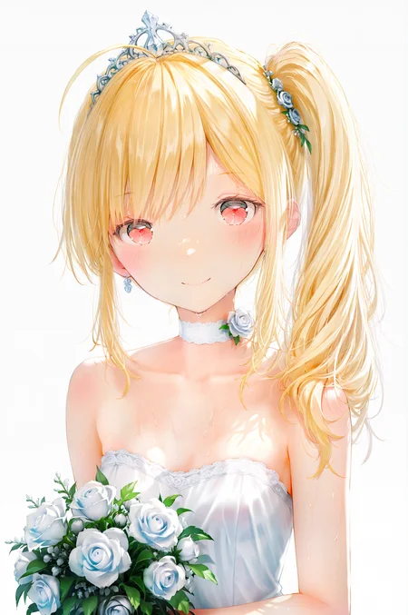 masterpiece,best quality,1girl,solo,absurdres,1girl,solo,
1girl, solo, blonde hair, flower, red eyes, smile, dress, bouquet, side ponytail, blush, long hair, holding, looking at viewer, ahoge, choker, white background, tiara, wedding dress, white dress, white choker, simple background, white flower, white rose, bare shoulders, upper body, holding bouquet, closed mouth, collarbone, rose, sweat, strapless, sidelocks, strapless dress, breasts, small breasts, hair ornament, wet
upper body,<lora:jizell-illV1-000018:1>,