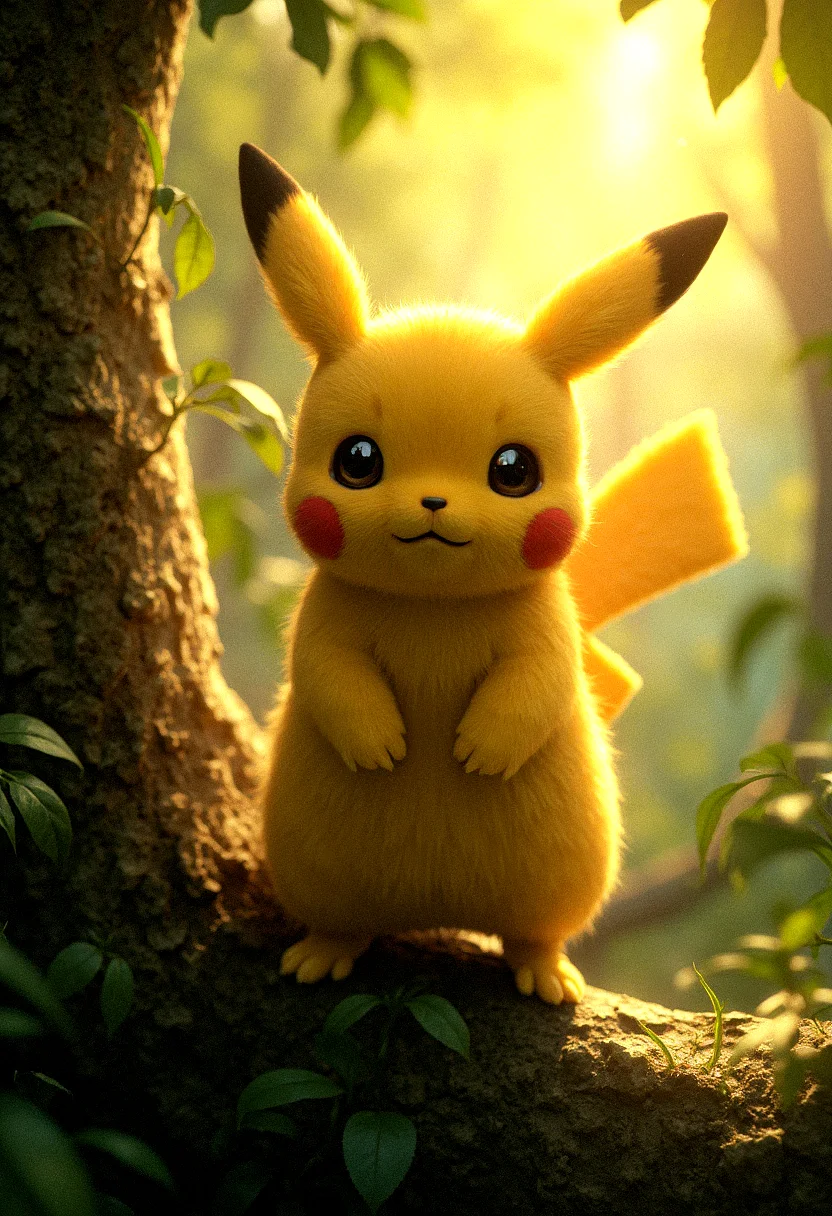 photorealistic Pikachu standing on a tree branch, ears perked up, alert and watchful, late afternoon golden hour sunlight filtering through leaves, photorealistic rendering, ultra-high-definition textures, warm and natural lighting, detailed fur with soft highlights, rich greens and golds, serene forest atmosphere, cinematic composition, natural shadows and reflections, high-detail textures, calm yet vigilant expression, smooth gradients, glowing highlights on fur, intricate leaf details in the background.
Time of Day: Late afternoon with golden hour sunlight filtering through leaves.
Mood: Protective and watchful.
Aesthetic, Natural, warm tones, serene yet vigilant.
Pose, Standing on a tree branch, ears perked up, alert.
Additional detail,