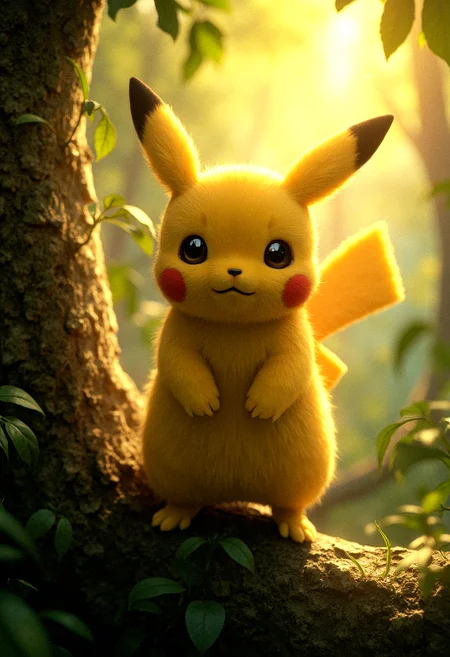 photorealistic Pikachu standing on a tree branch, ears perked up, alert and watchful, late afternoon golden hour sunlight filtering through leaves, photorealistic rendering, ultra-high-definition textures, warm and natural lighting, detailed fur with soft highlights, rich greens and golds, serene forest atmosphere, cinematic composition, natural shadows and reflections, high-detail textures, calm yet vigilant expression, smooth gradients, glowing highlights on fur, intricate leaf details in the background.
Time of Day: Late afternoon with golden hour sunlight filtering through leaves.
Mood: Protective and watchful.
Aesthetic, Natural, warm tones, serene yet vigilant.
Pose, Standing on a tree branch, ears perked up, alert.
Additional detail,