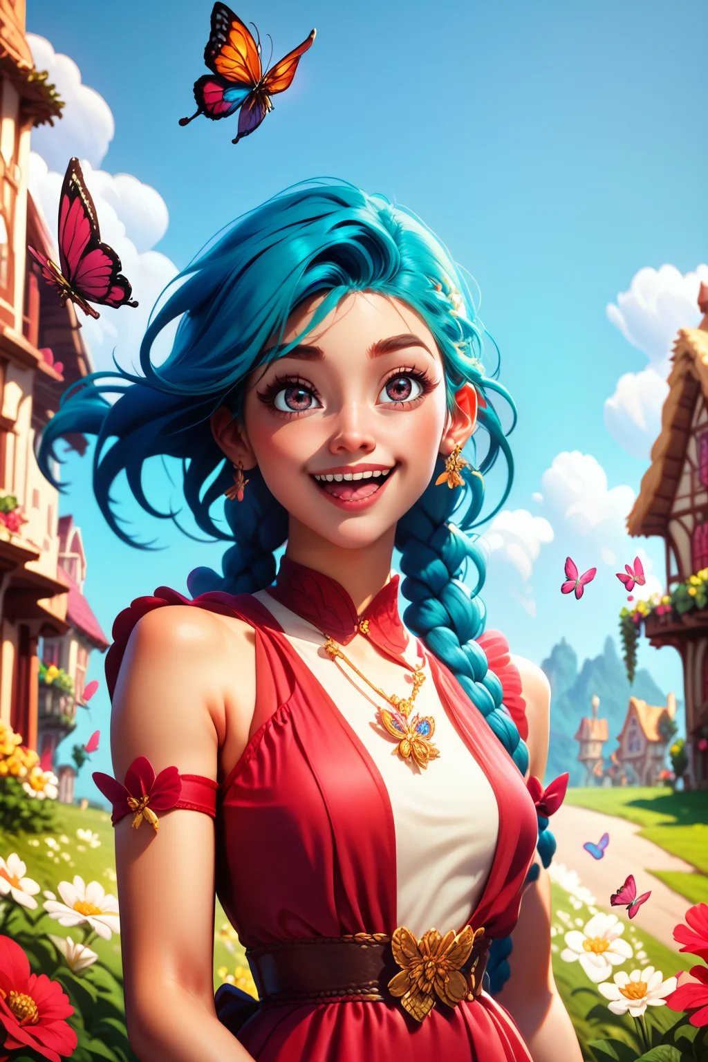 score_9, score_8_up, score_7_up, masterpiece, high quality
<lora:jinxPonyLora1:0.8>1girl, long hair, twin braids, (wearing red summer dress), walking in a beautiful village, flowers, butterflies, sunny, dog jumping, happy, cleaverage, upper body
<lora:3D_Animation_Diffusion_Pony_style:1> solo