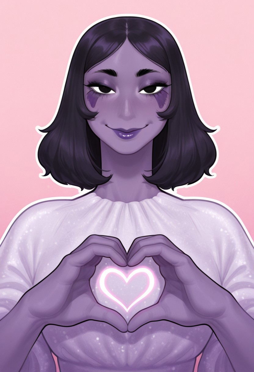 mrfuga, 1girl, solo, medium build, medium hair, sfw, safe for work, covered skin, flowy dress,  black eyes, purple lipgloss, smiling, portrait, upper body, heart hands, foreshortening
