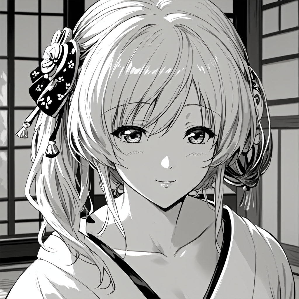 <lora:Expressive_H-000001>,Expressiveh,charming smile,sexy posture,<lora:changchun.pony:1>,zkz,changchun.pony,greyscale,monochrome,1girl,long hair,japanese clothes,hair bow,side ponytail,hair ornament,kimono,flower,medium breasts,collarbone,tomoe mami,twintails,