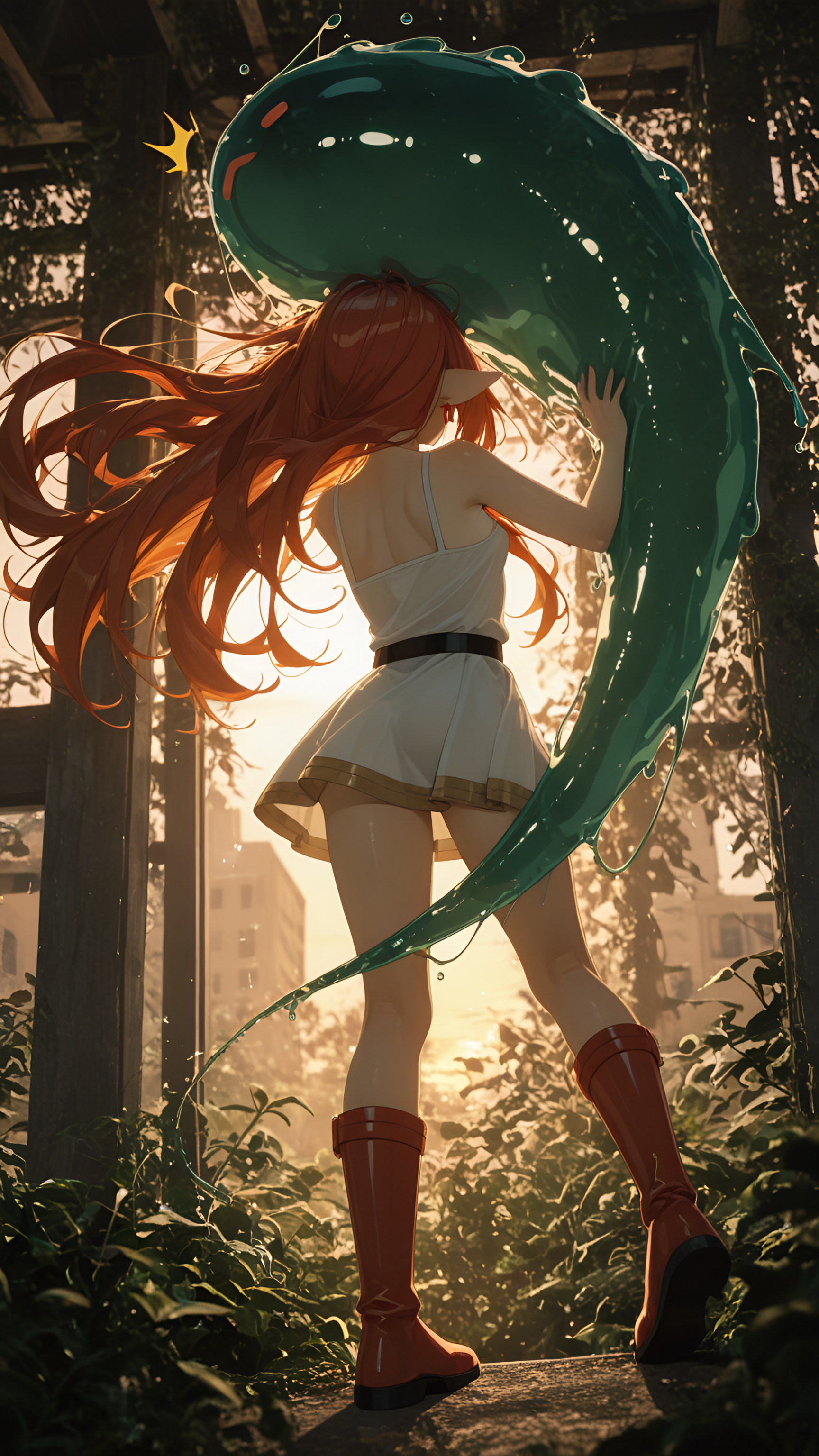 tan skin, sandals, sunset, long_nails, Fire engine red hair, masterpiece, blurry background, Frieren (Frieren), best quality, Back view, anime character, phoenix_feather_top, lights turning on in windows., cat_girl, Thick Jungle Canopy, Office building exterior at twilight, flame_mini_skirt, ultra-detailed, absurdres, long messy hair, he fingers her, Electric Amber Theme, High Humidity Feel, amazing quality, Occlusion Shadows, very long hair, Dark Greens, 1girl, Spooning with her leg over his hip, motion_blur:1.1, Overgrown Foliage, depth of field, ambient occlusion, slime_(creature), fire_boots, RTX, nail_polish, motion_lines:1.1, Limited Light Penetration, tilt-shift photography, absolutely eye-catching, ^^^, very aesthetic, her feet curling as she squirts., phoenix_crest, 8K, katana held in a reverse grip, newest, thunderstorm, perky breasts
