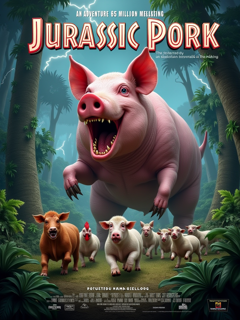 
A movie poster parody titled "Jurassic Pork," featuring a massive, menacing pig towering over a dense jungle landscape. The pig, with its tusks sharpened and snout flaring, is depicted in a dramatic stance, roaring with all the ferocity of a T-Rex. Its thick, pink hide is dotted with scars, and its beady eyes glow with a fierce determination, making it both hilarious and intimidating.

In the foreground, a group of frightened, cartoonish farm animals—cows, chickens, and sheep—are running for their lives, their expressions exaggerated with terror. The title "Jurassic Pork" is boldly displayed at the top in the iconic Jurassic Park font, with the tagline below: "An Adventure 65 Million Meals in the Making."

The background features a jungle with towering trees and thick vines, but with a twist—some of the foliage is made of oversized vegetables, like giant carrots and cabbages, adding to the absurdity. The sky is stormy, with flashes of lightning illuminating the pig's silhouette, creating a dramatic, action-packed vibe.

At the bottom of the poster, the credits are listed in the traditional movie poster style, but with playful names like "Directed by Ham Spielberg" and "Produced by Bacon Studios." The overall design plays on the iconic imagery of "Jurassic Park," but with a humorous twist that turns the terrifying dinosaur adventure into a riotous farmyard escapade.