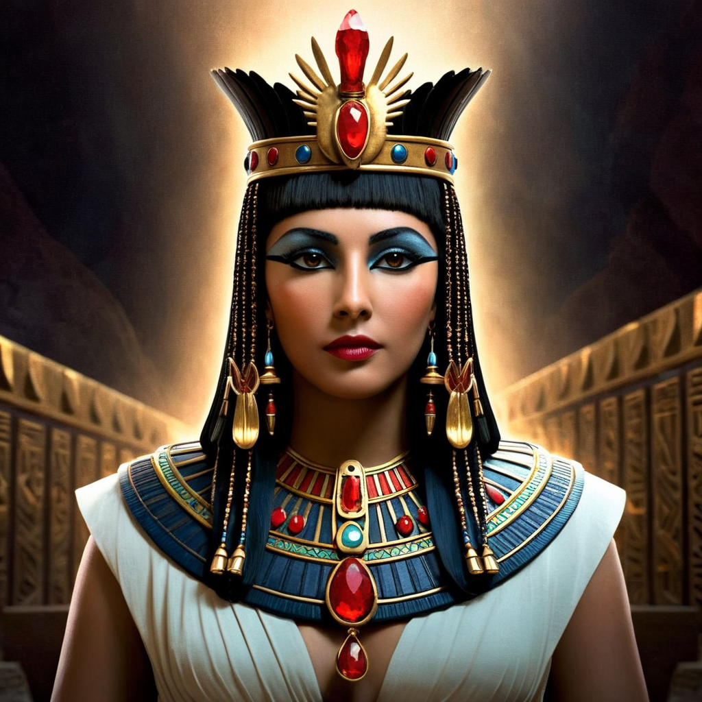 Dark Fantasy Art of  <lora:Cleopatra:1.2>
Cleopatra a woman wearing an Egyptian crown with a red stone on it Queen of the Ptolemaic Kingdom of Egypt, dark, moody, dark fantasy style