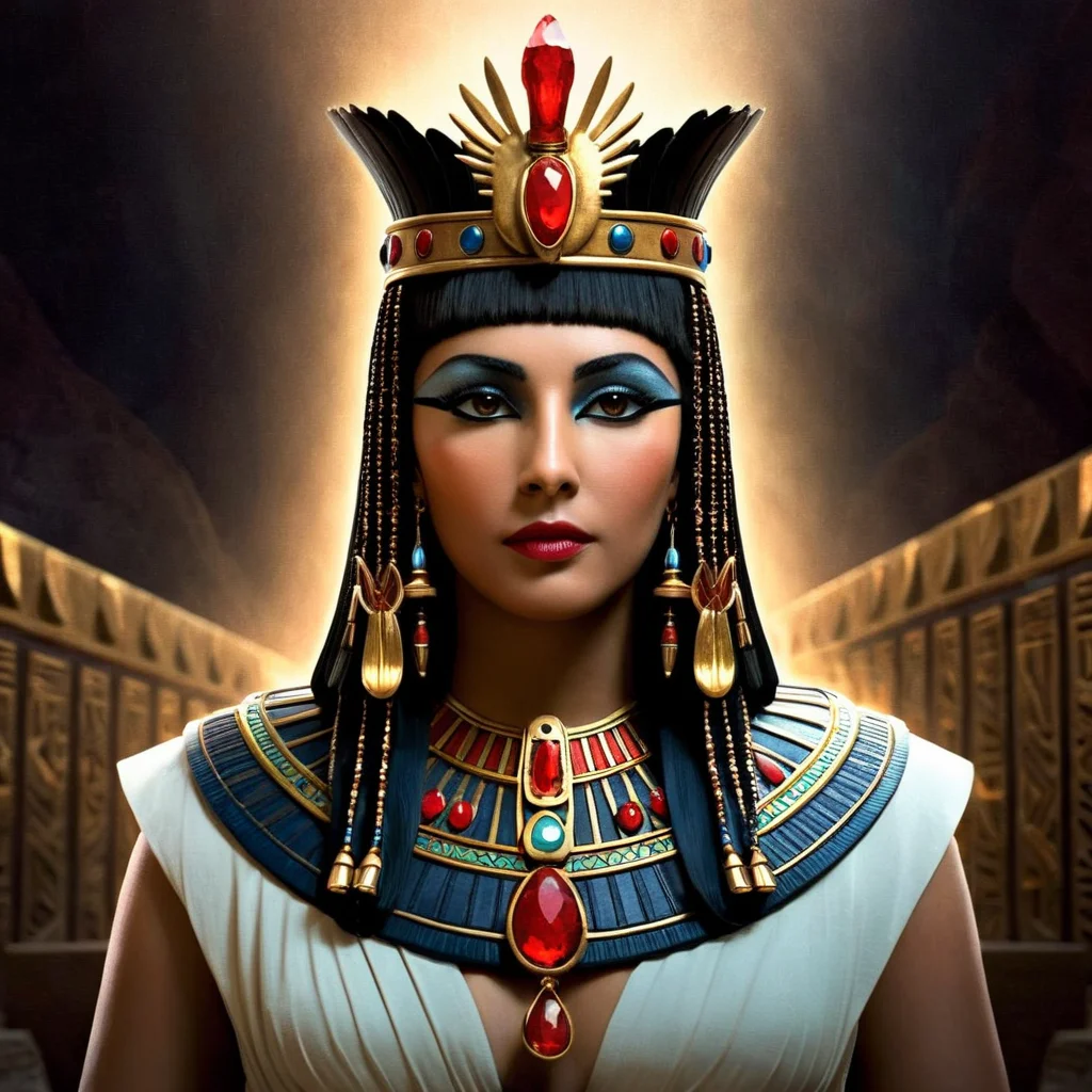 Dark Fantasy Art of <lora:Cleopatra:1.2>
Cleopatra a woman wearing an Egyptian crown with a red stone on it Queen of the Ptolemaic Kingdom of Egypt, dark, moody, dark fantasy style