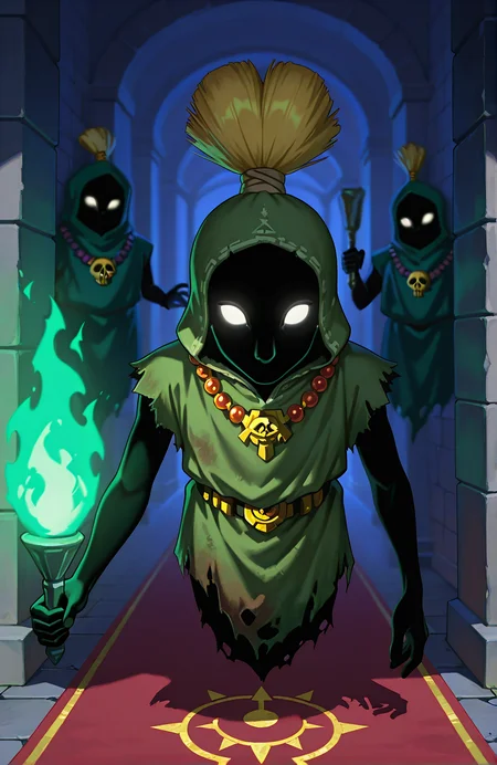 [STYLE & QUALITY::-1]
digital artwork, masterpiece, best quality, high res, very aesthetic, absurdres, artistic, dynamic perspective, amazing quality, vibrant colors, high resolution, absurdres, newest, <lora:Poe_Ocarina_of_Time_-000021:1>
[SUBJECT::-1]
LOZ_Poe, solo, lone figure, Amy_\(Poe\), The Legend of Zelda, Poe, ghost, spirit, glowing eyes, black skin, floating, white eyes, legless, big head, short torso, cropped torso, giant head, (skeletal hand:0.7), featureless face, pointed nose, (wide head:1.3), dwarf, stunted proportions, shadowed, ghostly figure, completely black skin, skull, necklace, beads, vantablack skin, pure black skin, eyed silhouette, no_legs, shadow skin
[ACTIONS & POSE::-1]
[CLOTHES::-1]
tattered robes, green robe, green hood, blonde topknot, face obscured by shadow, creepy, tattered clothes, chain
holding torch, torch, green flame, holding
[BACKGROUND::-1]
dark temple, stone walls, red carpet