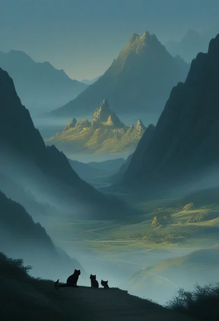 south china mountains, high slopes, foliage and fog, pilgrims on a road in the distance, distant temple on a mountaintop, epic fantasy scene,((cat)),hyperdetailed, superb quality, cinematic, tranquil vibe,high quality,best quality, amazing quality,
absurdres, very aesthetic, newest, HDR, high detail RAW color art,
intricate details, hyper aesthetic, incredibly absurdres, highres