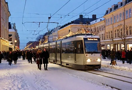 Copenhagen downtown in winter, christmas, people, tram, snowy, dusk, crowd, raw style, wide shot