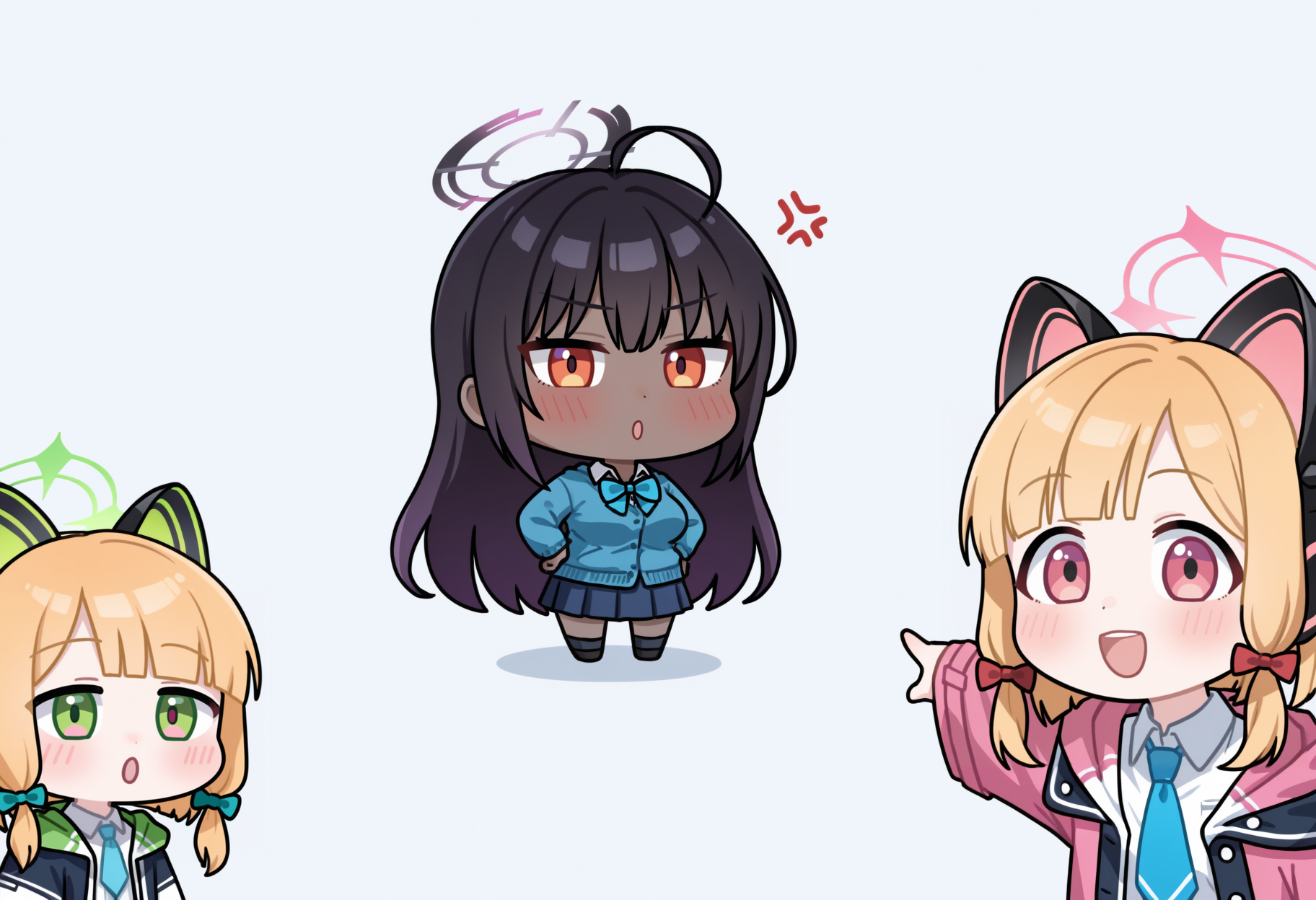 <lora:two_soyjack_pointing-12-NOOB-EPS1.1:1.4>, 3girls, simple background, white background, chibi,
1girl, tspt, midori \(blue archive\), blonde hair, blunt bangs, animal ear headphones, cat ear headphones, aqua necktie, collared shirt, green bow, green eyes, green halo, green jacket, hair bow, hood, hooded jacket, multicolored jacket, open jacket, open mouth, upper body, 
1girl, karin \(blue archive\), black hair, long hair, very long hair, orange eyes, blush, medium breasts, blue bow, blue cardigan, blue skirt, pleated skirt, school uniform, collared shirt, dress shirt, white shirt, skirt, full body, looking at viewer, anger vein, black footwear, 
1girl, tspt, open mouth, upper body, momoi \(blue archive\), animal ear headphones, blonde hair, parted bangs, pink eyes, pink halo, medium hair, blush, red bow, necktie, cat ear headphones, collared shirt, hair bow, hooded jacket, hood down, looking at viewer, low-tied sidelocks, multicolored jacket, open jacket, open mouth, pink jacket, sidelocks, upper body, white shirt, pointing, :D