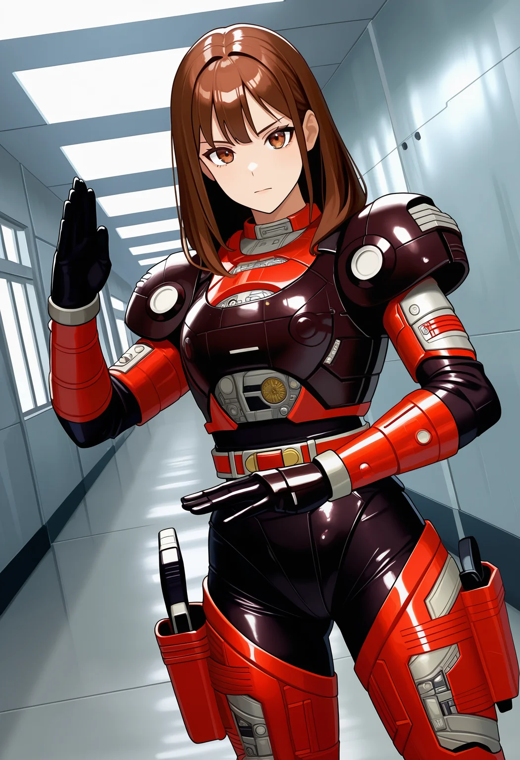 1girl, solo, R3ddle, armor, bodysuit, shoulder pad, gloves, belt, holster, brown hair, brown eyes, cowboy shot, dutch angle, looking at viewer, shiny clothes, fighting stance,
indoors, hallway, metal wall,
best quality, very aesthetic, masterpiece,
