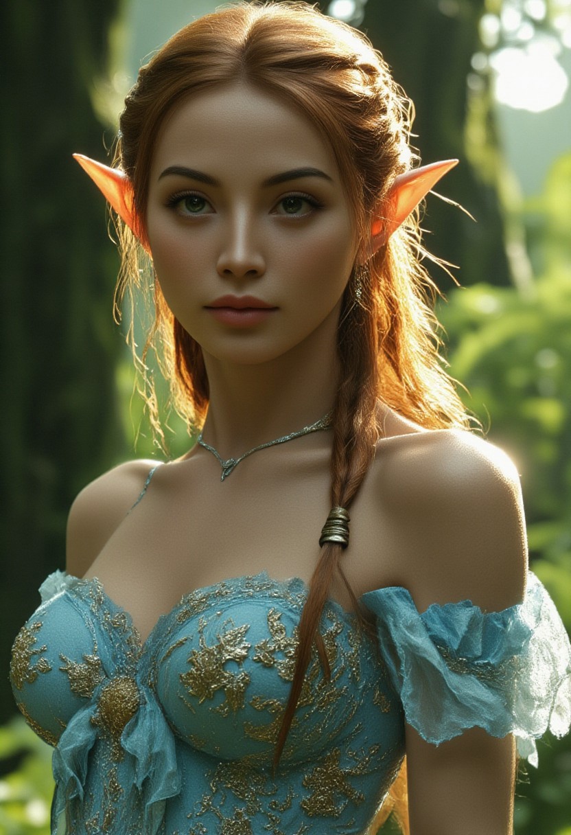 hyperrealistic digital painting by J. Scott Campbell and Thomas Saliot and Jeremiah Ketner and Lois van Baarle, lifelike anime, incredibly detailed, bokeh, ultra realistic, 8k, incredibly cute ginger girl, “A radiant light elf stands gracefully in a mystical forest village, her glowing skin shimmering under the soft, cinematic lighting that envelops her ethereal form. With golden, braided hair cascading down her shoulders, she wears a Floral Tassel Dress: A soft blue gown with a sweetheart neckline, adorned with golden floral embroidery and tassels, flowing in a layered, ethereal silhouette.
, accented by a silver necklace and delicate jewelry. Her pose exudes elegance, capturing the timeless beauty and strength of her kind. In the background, the towering treehouses blend seamlessly into the natural landscape, bathed in the magical glow of the forest. The entire scene is reminiscent of a Hollywood-style photoshoot, with dramatic lighting that emphasizes her perfect, otherworldly features and the enchanting surroundings."