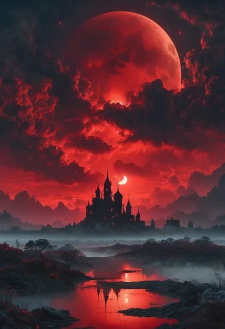 Ultra high quality, very detailed, A mysterious, fog-shrouded landscape illuminated by a deep red blood moon, smokey clouds, looming darkness, heavy fog, eerie feeling, very dark, dim moonlight, reflections in water 
<lora:DonM3t3rn1tyXL-v1.1:0.7>, DonM3t3rn1tyXL,
OverallDetailXL  <lora:MJ52:0.3>  <lora:SDXLFaeTastic2400:0.4>  <lora:EpicF4nta5yXL:0.7>