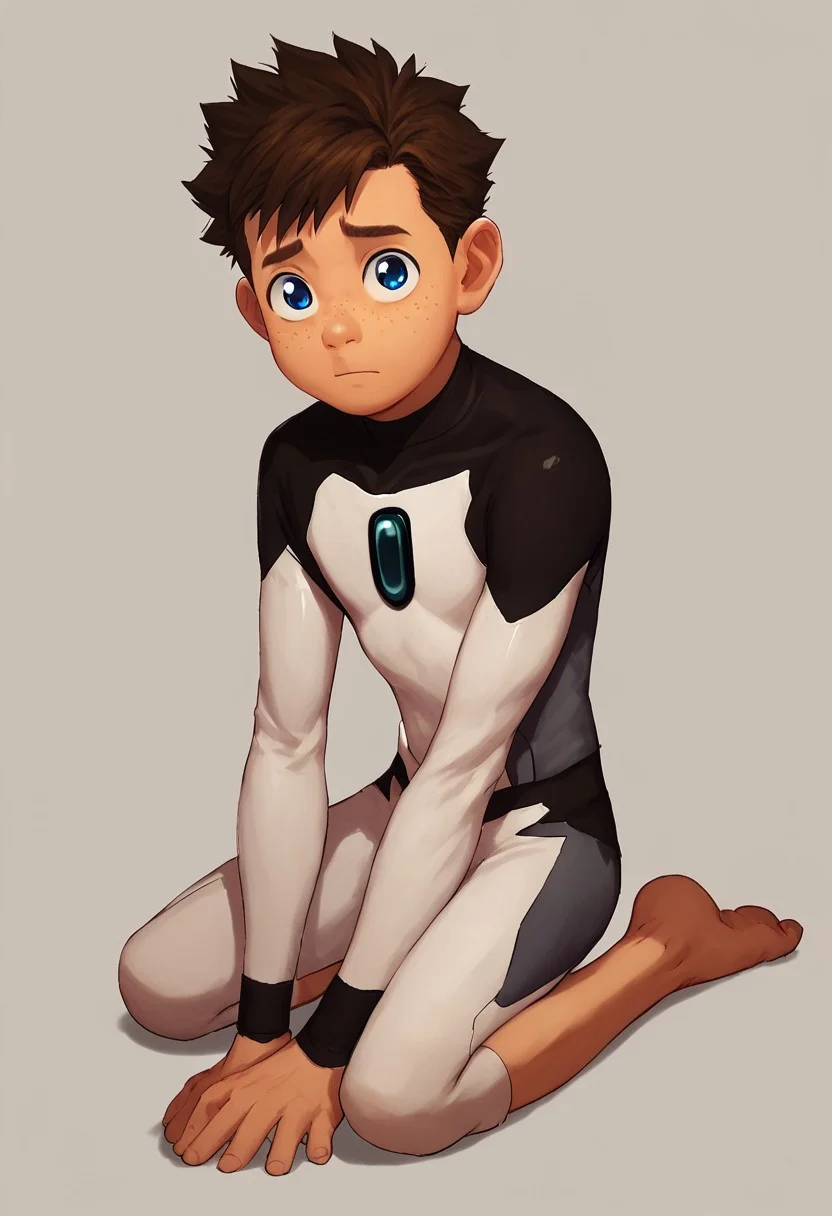 score_9, score_8_up, score_7_up,1boy, solo, cute boy, Koji, Blue Eyes, Brown Hair, Freckles, Bodysuit, Barefoot, PONYXL_AlexRoss_ComicArt_ownwaifu