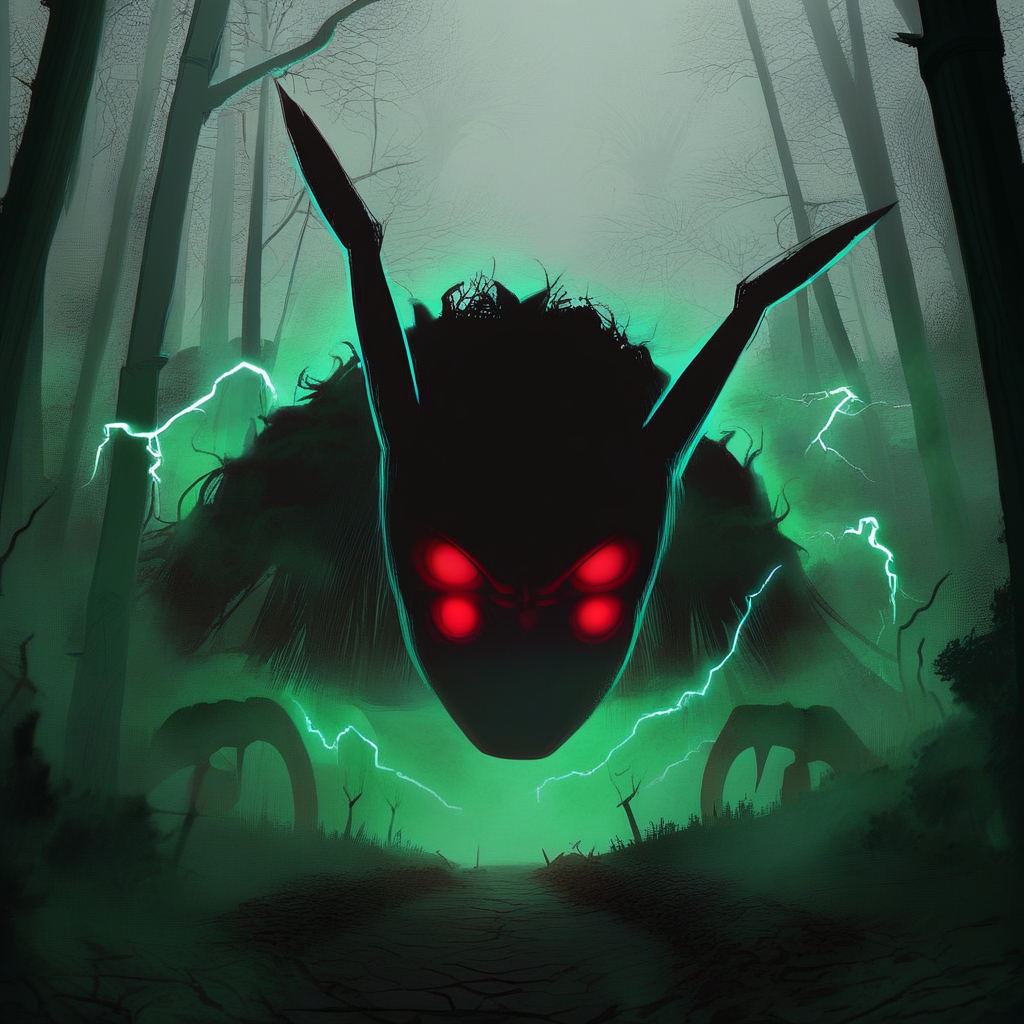 source_anime, source_game, score_9, score_7_up, CR33P1NGF0G, fog, (no humans), 1 pokemon, solo, (Pikachu), pokemon_(creature), (electricity), (tail), face hidden, partially obscured, red eyes, glowing eyes, (foggy), (haze), eerie, creepy, ominous, fog, dark, night, haze, no_humans, scenery, forest, detailed background, halloween, horror