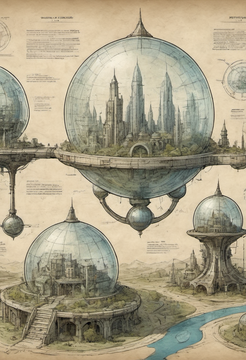 expert cartography well-planned futuristic city glass domes and hydroponics on a off-world outpost clean line art annotated mottled parchment