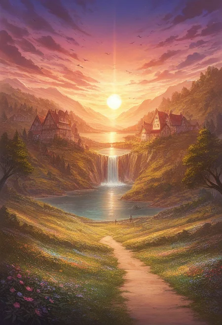 prefect lighting,very aesthetic,prefect hands,best quality,
intricate details,((highly detailed background)),(masterpiece:0.9),high quality, masterpiece,best quality,ultra-detailed, st_landscape, scenery, road, houses, fantasy, flowers, meadows, birds, sun, forest, trees, beautiful, sunset, sea, beach, waterfall, colored, light