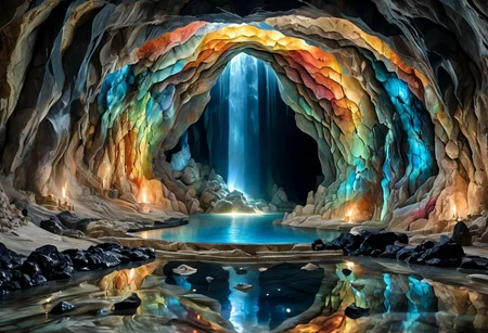 Iridescent Damascus, photorealistic, film grain, candid camera, color graded cinematic, eye catching, atmospheric lighting, highly detailed, deep depth of field, wide angle, wide view of a vast cavern, surreal, soft organic shapes, natural formation,smoothed by time and water, a (vast space:1.9) opening before the viewer,  an underground lake, crystal clear water, irregular shape formed by millenia of flowing water, reflecting torchlight, crystals in the rock walls glint in the (colours of the rainbow:1.6), intricately patterned with (labradorite:1.8) and moonstone, contrasted with (black granite:2.0), soft rounded shaped rock inviting to sit down near a fire pit, surreal, Dalí, Magritte