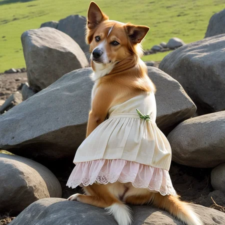 The image depicts  dog is posing on a rock, kneeling in such a way that the dress obscures her lower back,  .  <lora:ptgs:0.8>,farm,dog