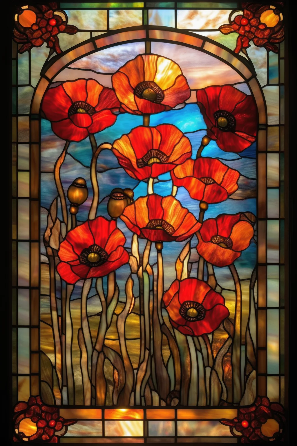 <lora:Louis Comfort Tiffany Style:1>Louis Comfort Tiffany Style - A stained glass window showing Poppy Flowers, the stained glass window is Square shaped with a vibrant stained glass boarder around the edges and with sunlight shining through