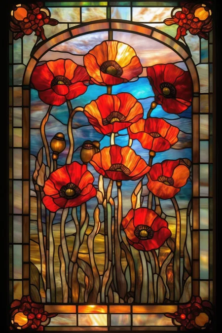 <lora:Louis Comfort Tiffany Style:1>Louis Comfort Tiffany Style - A stained glass window showing Poppy Flowers, the stained glass window is Square shaped with a vibrant stained glass boarder around the edges and with sunlight shining through