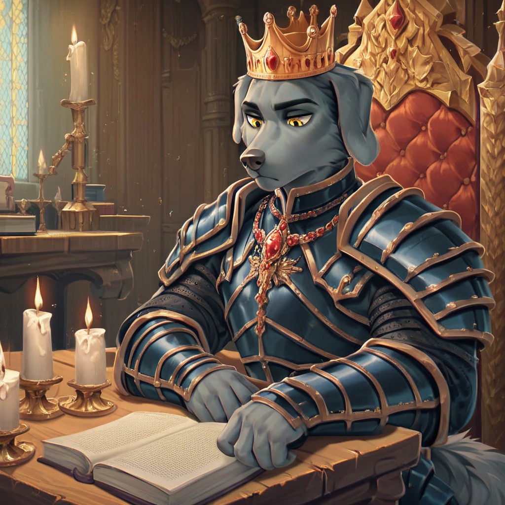 masterpiece, score_9_up, score_8_up, score_7_up, score_6_up, source_furry, (best quality:1.1), ultra-detailed, high resolution, solo, Rover Diamondshield, male, anthro, canine, ((beautiful detailed yellow eyes)), eyebrows, gray fur, muscular body, fluffy tail, floppy dog ears, animal nose, serious expression, crown, heavy black armor, helm, jewelry, black indoors, medieval, home, wooden table, rich decor, sitting, leaning on table, bookshelf, throne, books, candle on table, inkwell, three quarter view, looking down, detailed facial features, expressiveh, highly visible, sharp focus, anatomically correct, detailed background