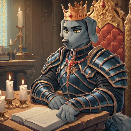 masterpiece, score_9_up, score_8_up, score_7_up, score_6_up, source_furry, (best quality:1.1), ultra-detailed, high resolution, solo, Rover Diamondshield, male, anthro, canine, ((beautiful detailed yellow eyes)), eyebrows, gray fur, muscular body, fluffy tail, floppy dog ears, animal nose, serious expression, crown, heavy black armor, helm, jewelry, black indoors, medieval, home, wooden table, rich decor, sitting, leaning on table, bookshelf, throne, books, candle on table, inkwell, three quarter view, looking down, detailed facial features, expressiveh, highly visible, sharp focus, anatomically correct, detailed background